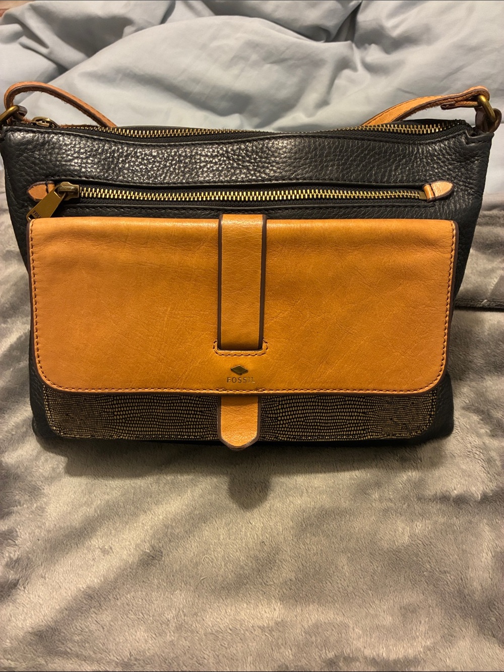 Fossil Black and Tan Two-Tone Leather Crossbody